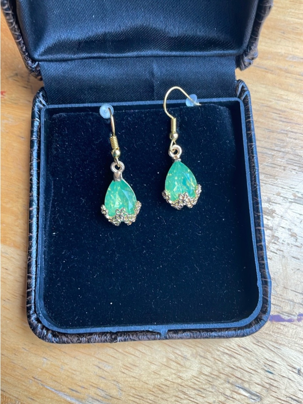 Gold-Trim Green Teardrop Dangle Earrings - Women Jewelry